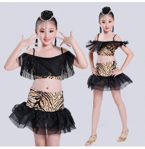 Tiger black patchwork fringes split set girls kids children school play competition performance latin ballroom rumba cha cha salsa dance dresses skirts outfits 